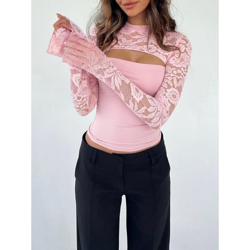 Women's Cutout Crop Top Long Lace Sleeve Slim Fit Party Going Out Top