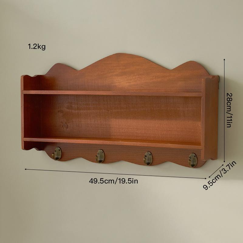 Zakka Style Nordic Wall Shelf with Hooks, Solid Wood Double-Layer Storage Rack for Kitchen Dining Room Wall Decor