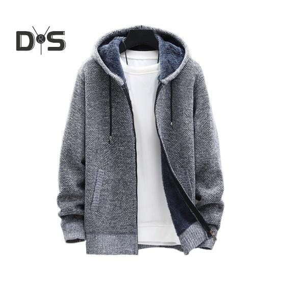 Winter Men Jacket Thickened Fleece Hooded Drawstring Zip-up Long Sleeves Sweater Coat Pockets Elastic Cuff Retro Knitted Daily Wear Outerwear Jacket
