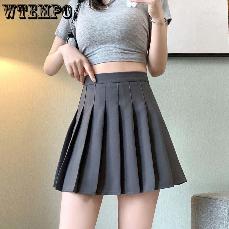 Pleated Skirt A-line High Waist Women Back Zipper Built-in Anti-light Safety Pants Slim Black Grey Hotswet Preppy Style Casual