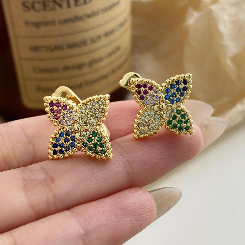 Trendy Gold-Plated Zircon Clover Ear Cuffs: Colorful, Lightweight Fashion Earrings for Women