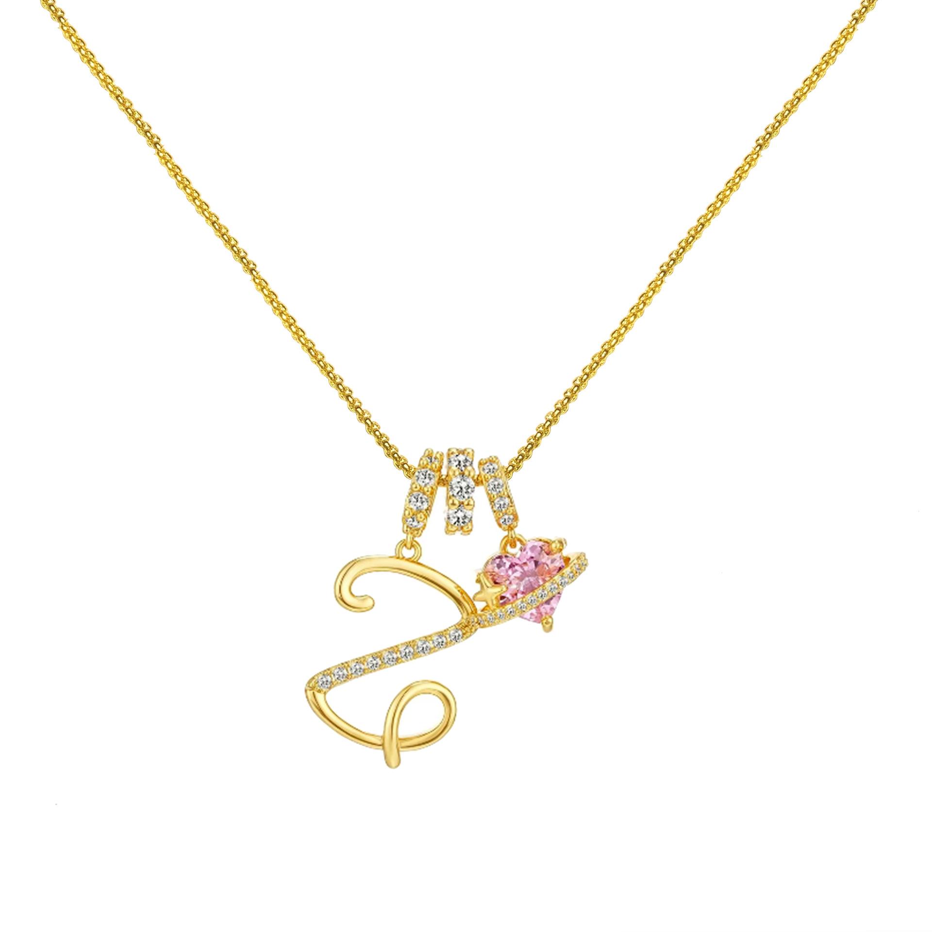 

Initial Letter Necklace Sparkling Pink Heart Cubic Zircon Charm Alphabet Necklace Women Statement Love Jewelry