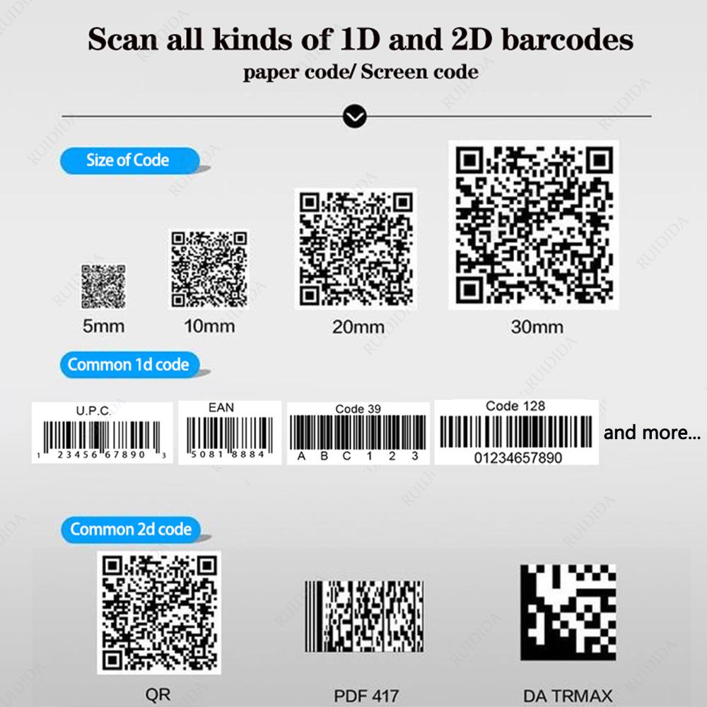 1D 2D Čtečka čárových kódů Drátová nebo Bezdrátová nebo Bluetooth Skener čárových kódů qr kód Datamatrix kód PDF417 Ruční skener