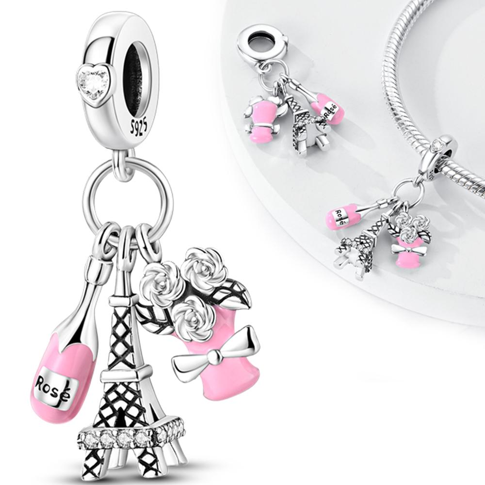 Charms Plataeiffel Tower Champagne Flower Pendants Fit Originalbracelets Charms For Women Jewelry Diy Making Gifts