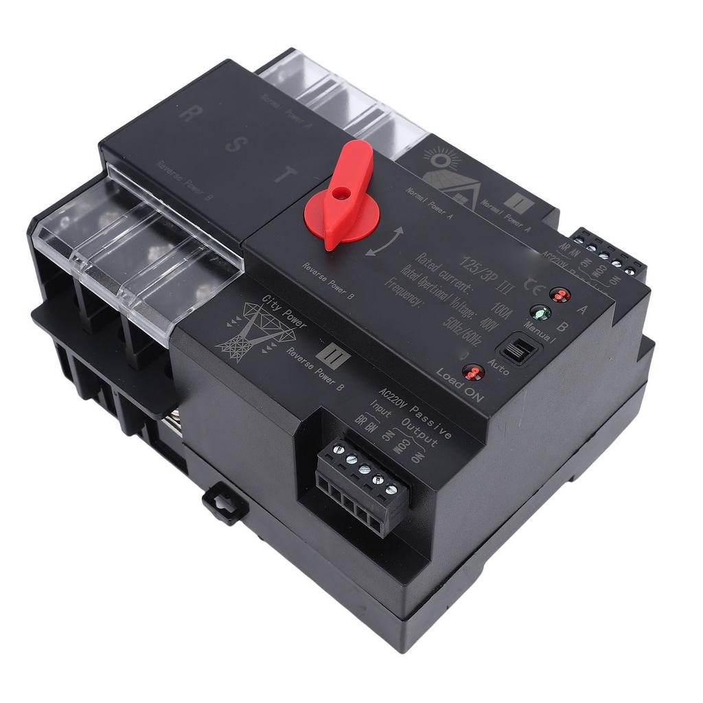 Dual Power Automatic Transfer Switch Uninterrupted ATS 3P 100A Din Rail Mount Toggle Controller PV Mains Supply