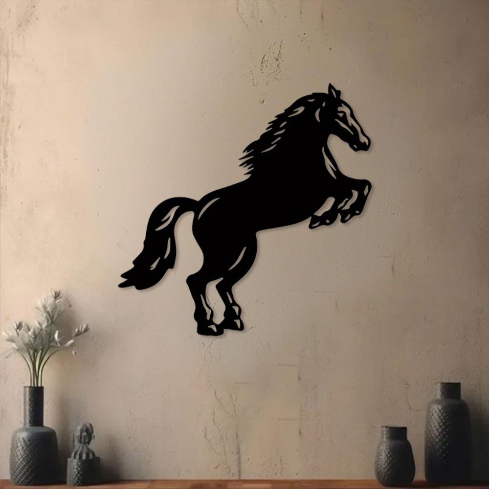 Vintage Metal Horse Wall Art, Black Iron Decor Sign, 2D Flat Frameless Plaque for Garden Patio Home, Housewarming Gift, Boy Jumping Design