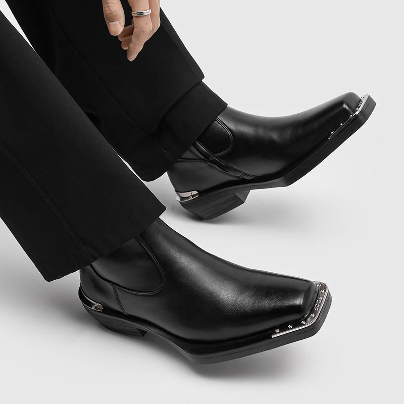 Men Fashion Punk Rock Genuine Leather Boots Designer Square Toe Shoes Cowboy Cool High Boot Black Brown Long Chelsea Botas Male