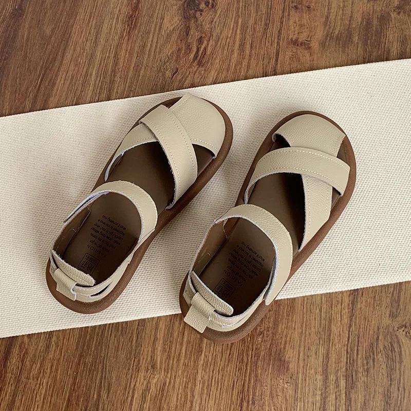 Fashion Women's Sandals 2025 New Comfortable Soft Leather Thick Bottom Roman Sandals Girls Preppy Summer Breathable Casual Flat Shoes