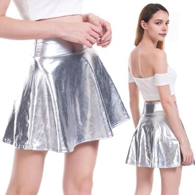 Women Mini Skirt High Waist Glossy Surface A-Line Hem Short Skirt Shiny Stage Show Skater Skirt Party Wear