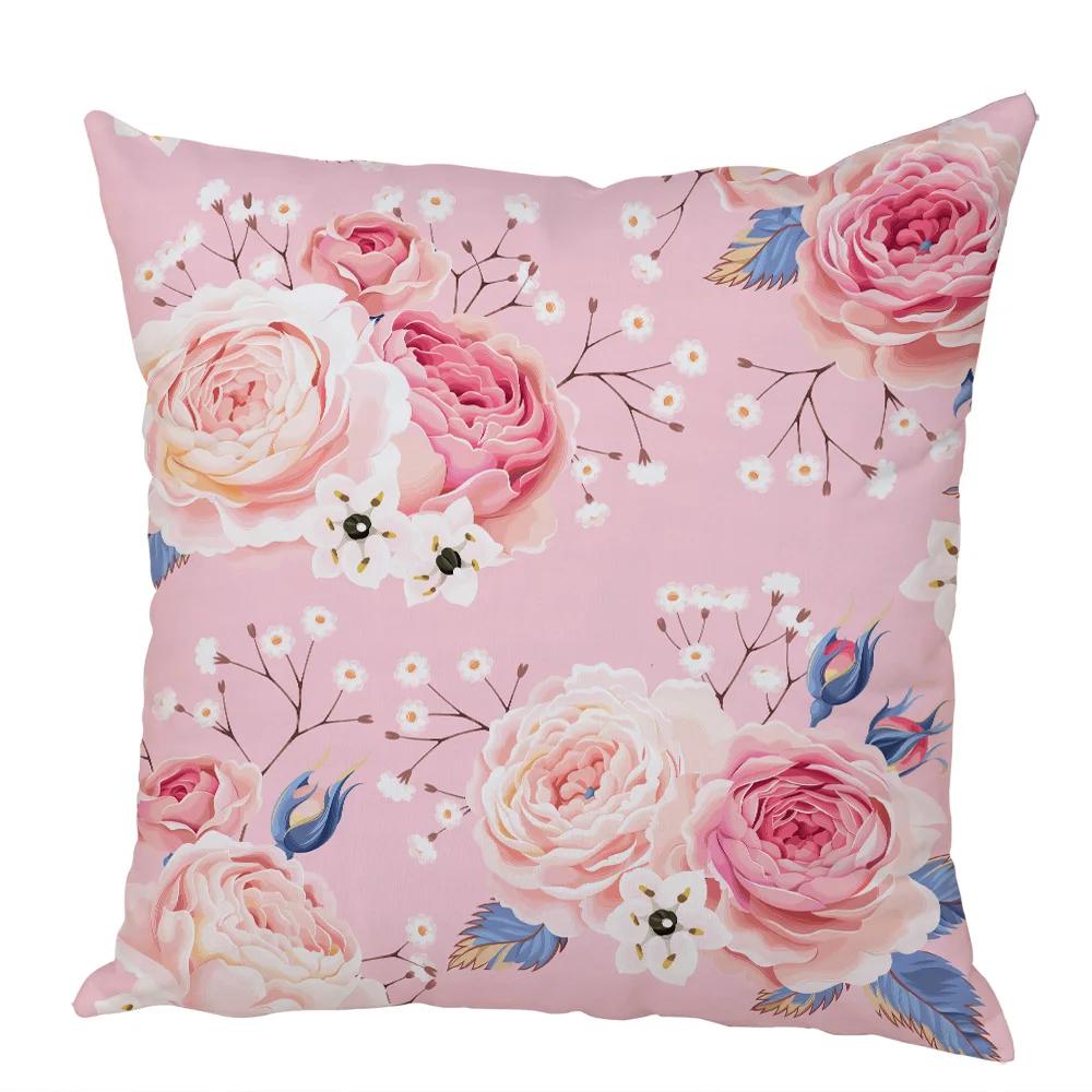 Nordic Style Rose Flower and Birds Pillow Case Cushion Cover for Car Peach Skin Decor Flower Plant Animal Throw Pillowcase