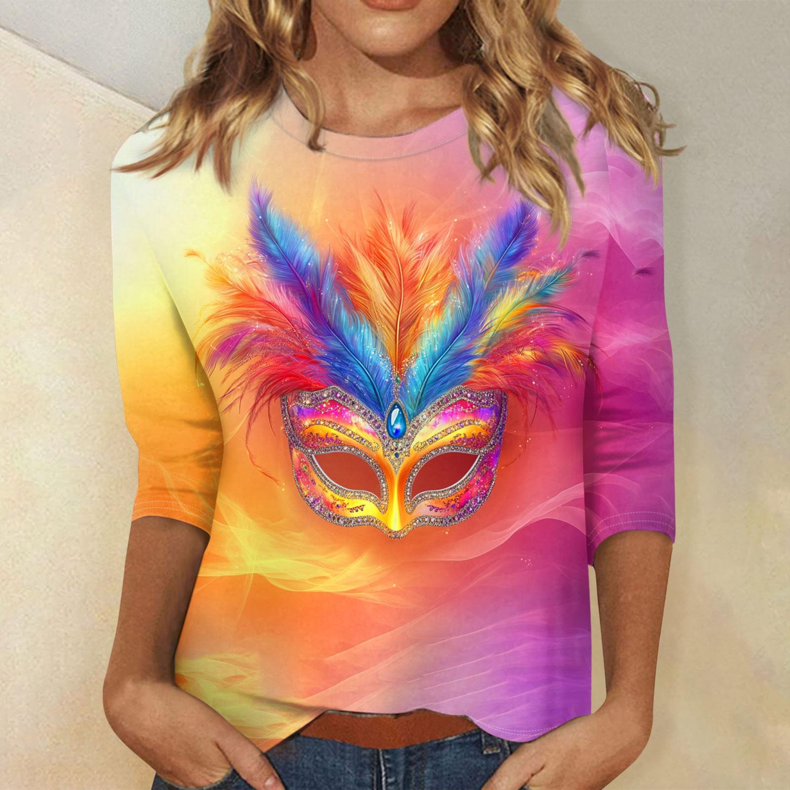 

Женские топы с рукавом три четверти и круглым вырезом, свободная футболка с принтом «Карнавал» L синий