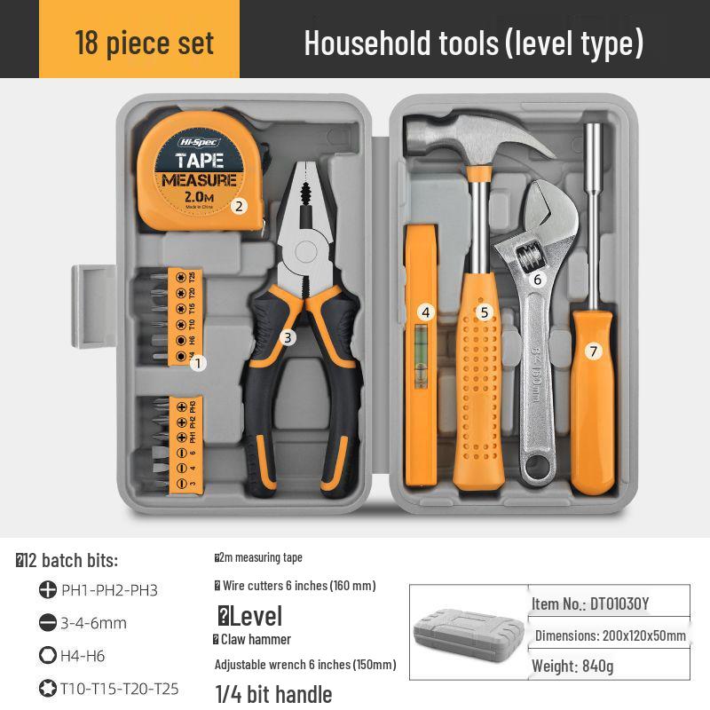 HiSpec Household Tool Set: Includes Pliers, Flathead & Phillips Screwdrivers, Tape Measure, Wrench, for Home Repairs.