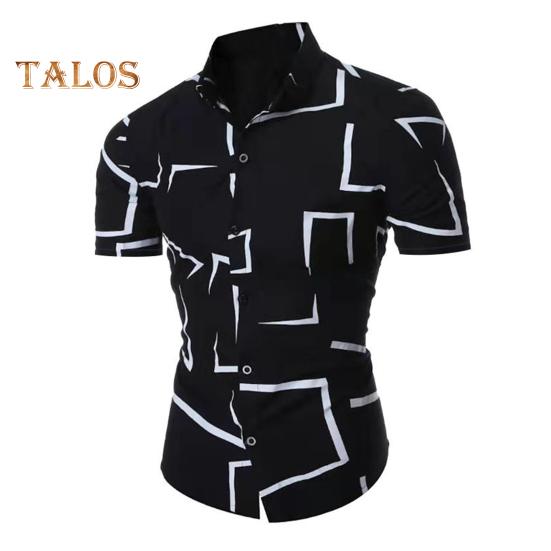 Sommerhemd für Herren, geometrischer Druck, einreihig, kurze Ärmel, Slim Fit, Umlegekragen, mittellanges Hemd in Kontrastfarbe