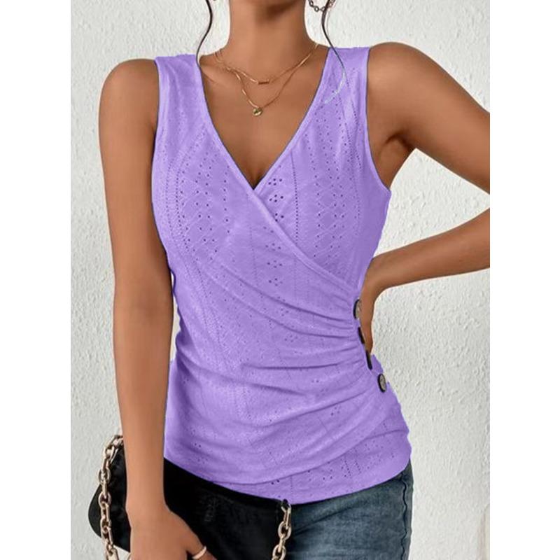 QICED Women's Fashion Casual Solid Color Print V-Neck Sleeveless  Blouses & Shirts