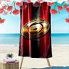 Golden Swirl Logo On Red Black Stripes Patterned Beach Towel Quick Dry Perfect for Travel Outdoor Sports Jogging the Beach and Swimming