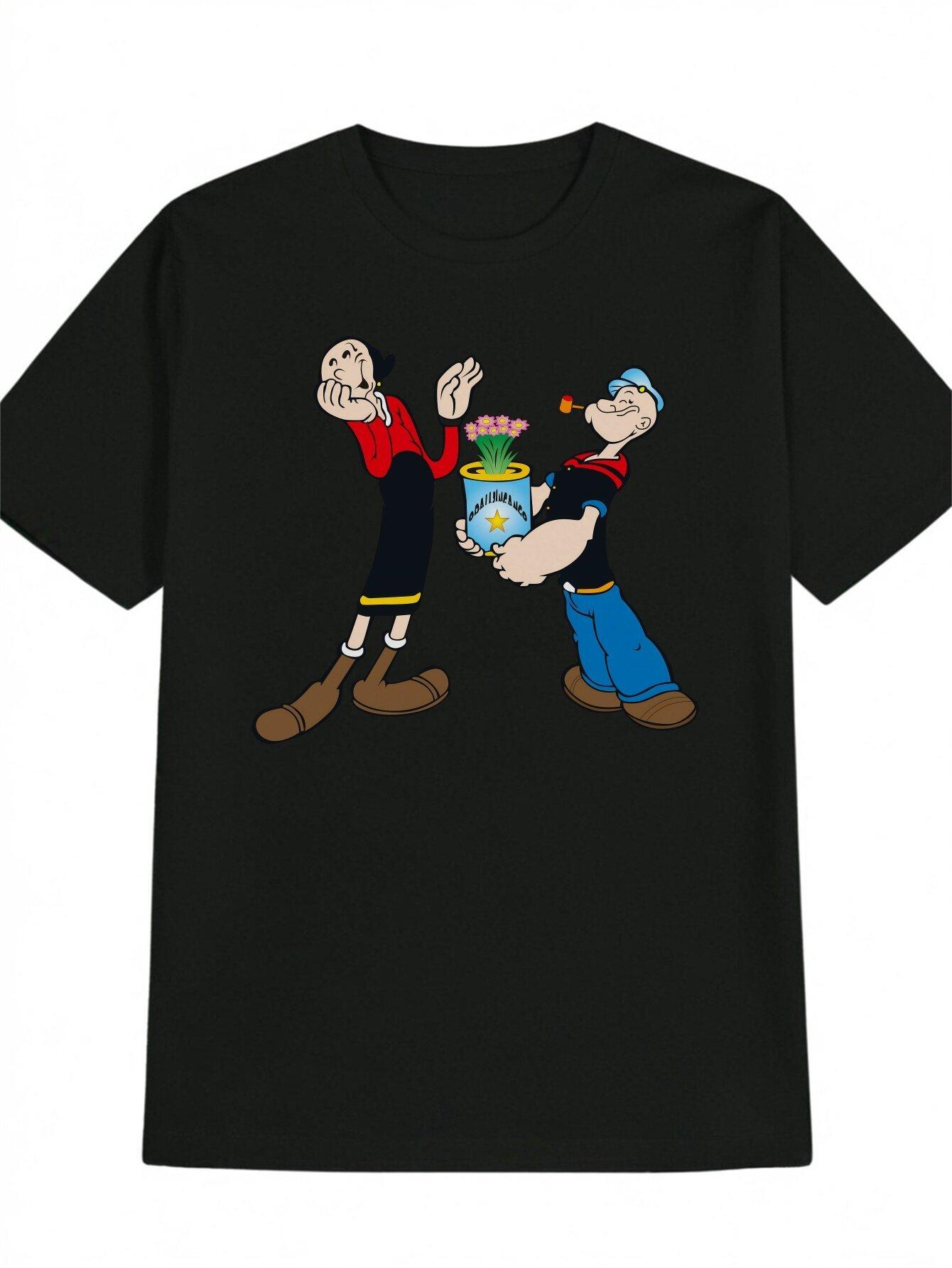 Casual Crew Neck T-shirt with Popeye Cartoon Print – Black Short Sleeve Tee L