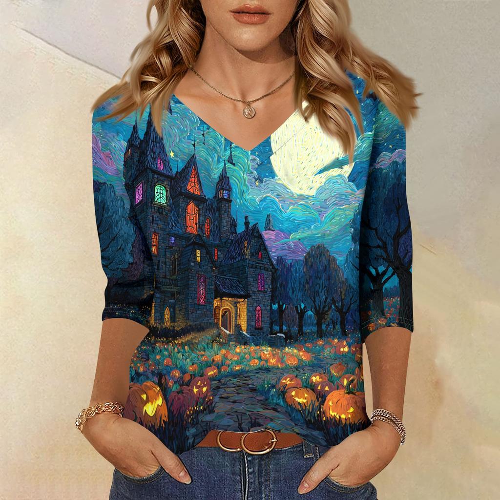 Women's Three-Quarter Sleeve V-Neck Top with Halloween Print for Casual