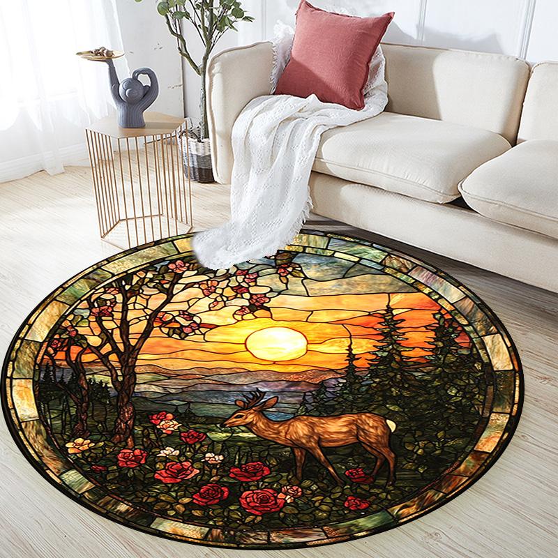 Deer Sunset Round Area Rug,Carpet Rug for Living Room Bedroom Sofa Playroom Decor,Non-slip Floor Mat