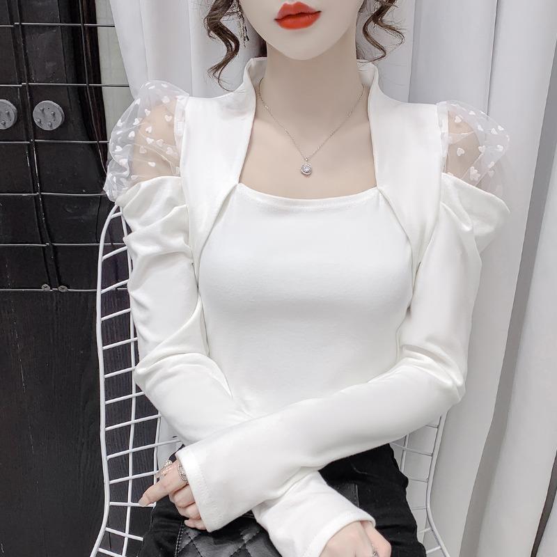 Square Neck Mesh Patchwork T-shirt Women's Fashionable Spring and Autumn Style Bottom Shirt Top