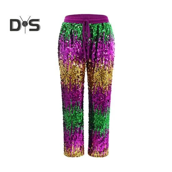 

Женские брюки с эластичной талией, регулируемые на шнурке, прямые, широкие брюки с блестящими пайетками, повседневная одежда для отдыха и работы XL разноцветный