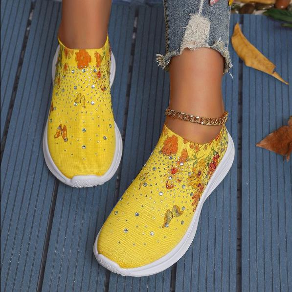 Damen Übergröße Regenbogen Strass Fly-knit Sneaker - Atmungsaktiv, Sportlich, Lässig, Dicke Sohle für Frühling Laufen