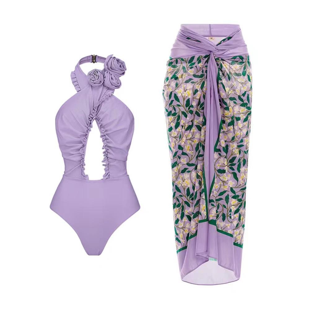 

2024 Floral Bikini Set with Sun Protection Beach Dress One Size