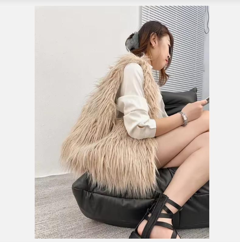 2026 NEW Wool Women's Plush Shoulder Bags Y2k Hot Girls Faux Fur Drawstring Bucket Bag Fashion Female Furry Purse Tote Handbags