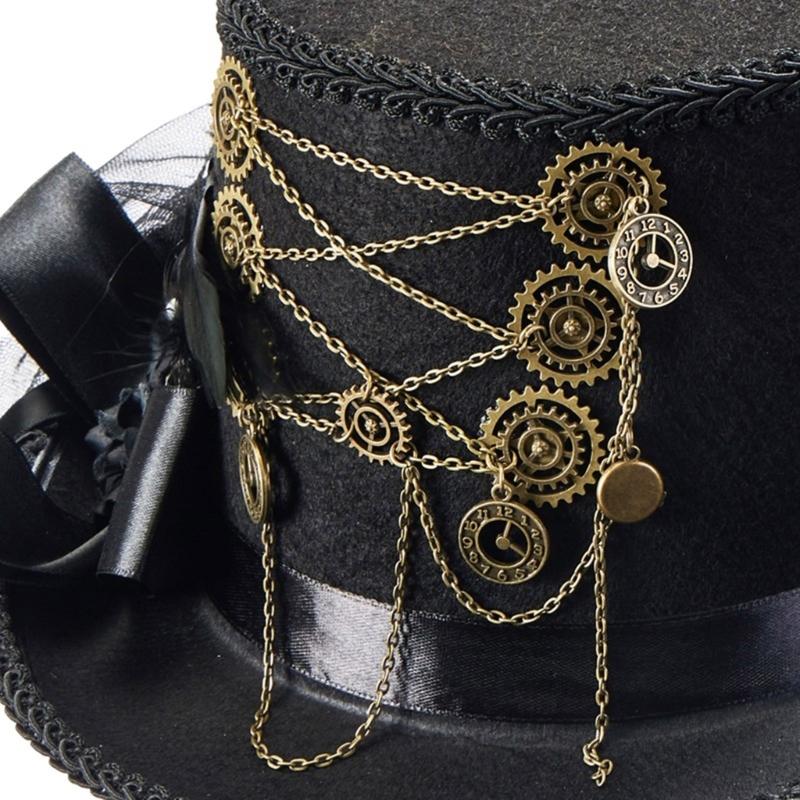 Gear Chain Fedoras Hat Halloween Girl Head Wear Medieval Steampunk Flat Top Hat