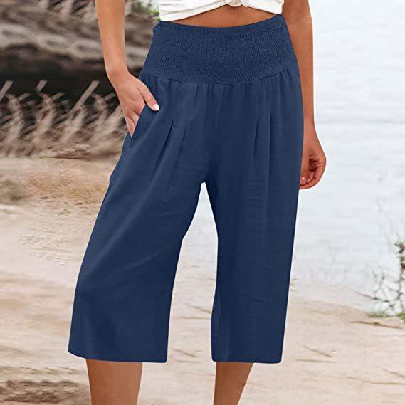 Summer Eurn Women's Cross-border Cotton Hemp Seven Waist Pocket Pocket Pocket Pocket Wide Leg Pants Woman