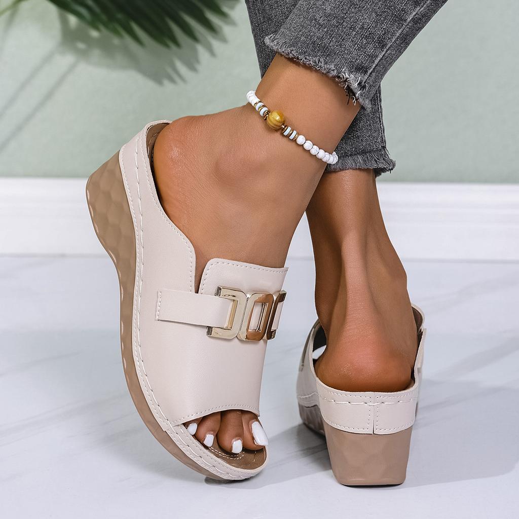 Women'S Sandals Wedge Heel Slippers Plus Size Casual And Fashion With Metal Open Toe Design Simple Sandal For Woman High Arch