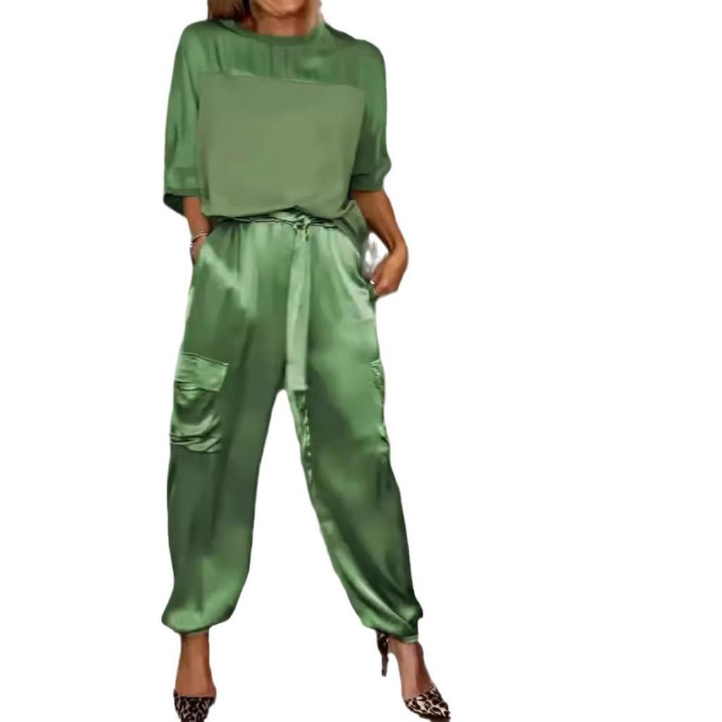 Fashionable Women's Smooth Satin Half Sleeved Upper Suit Two-piece Set