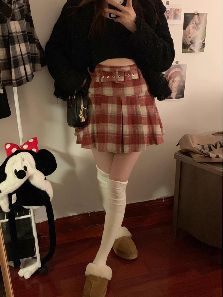 Autumn 2025 Women's High Waist Plaid Wool A-line Skirt with Belt