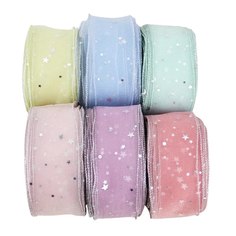 (5 Yards/roll) Stars Silk Organza Ribbon Bow Material for Hair Print Flower Decoration Lace Ribbons
