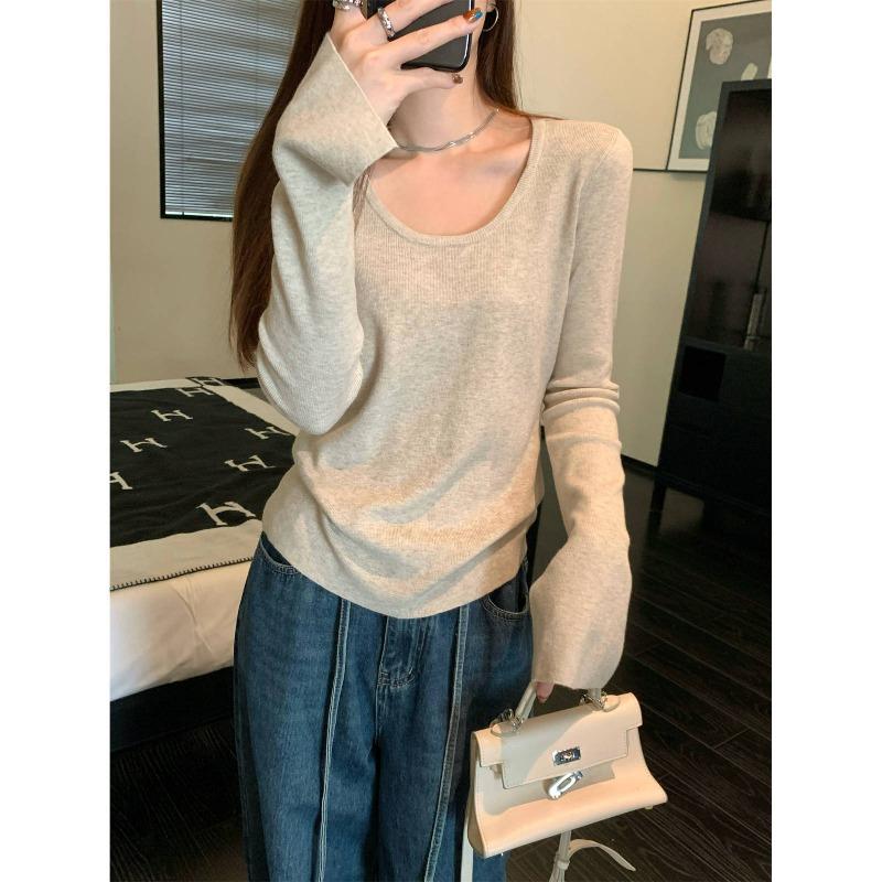 Gentle Wind Neck Flared Sleeve Knitted Sweater Women's Autumn and Winter Slim-fit Sweater Front Shoulder Long Sleeve Bottom Top