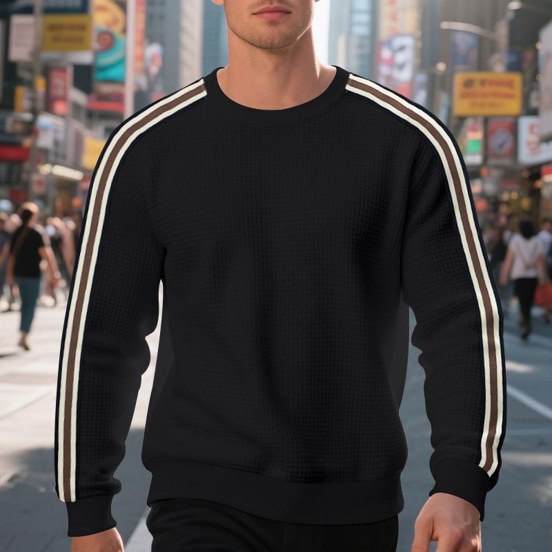 Loose Thin Seven Stripes Mens Waffle Crew Neck Casual Sports Breathable Sweatshirt