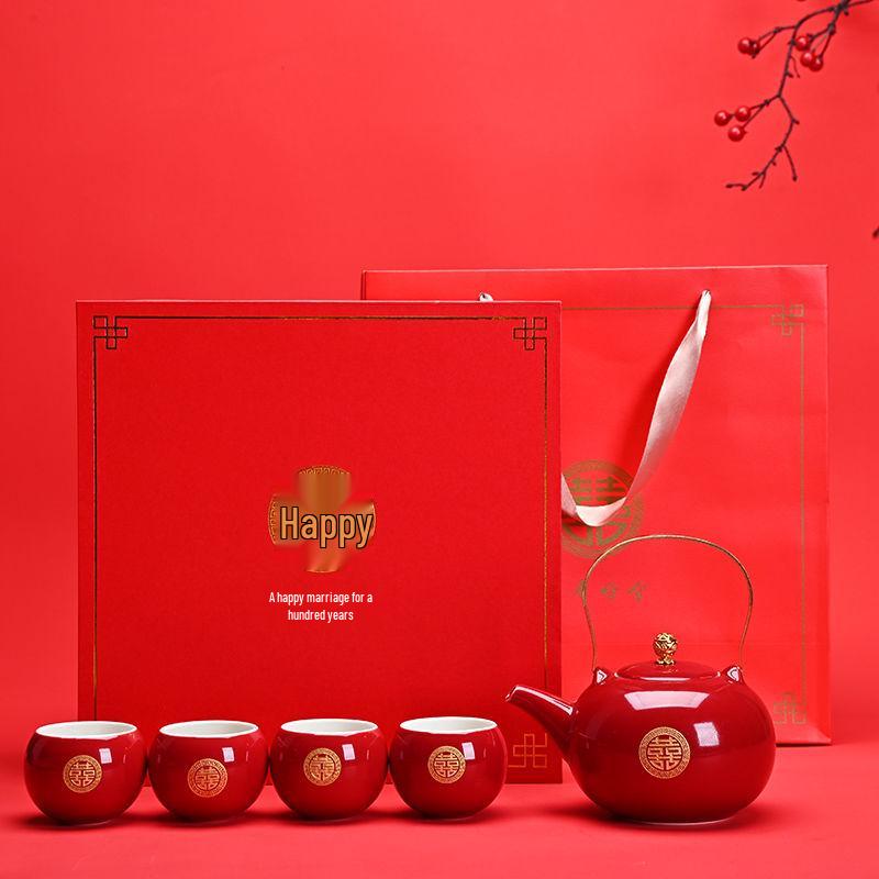 Red Chinese Wedding Tea Set: Complete Gift with Bride's Dowry Tray & Teapot