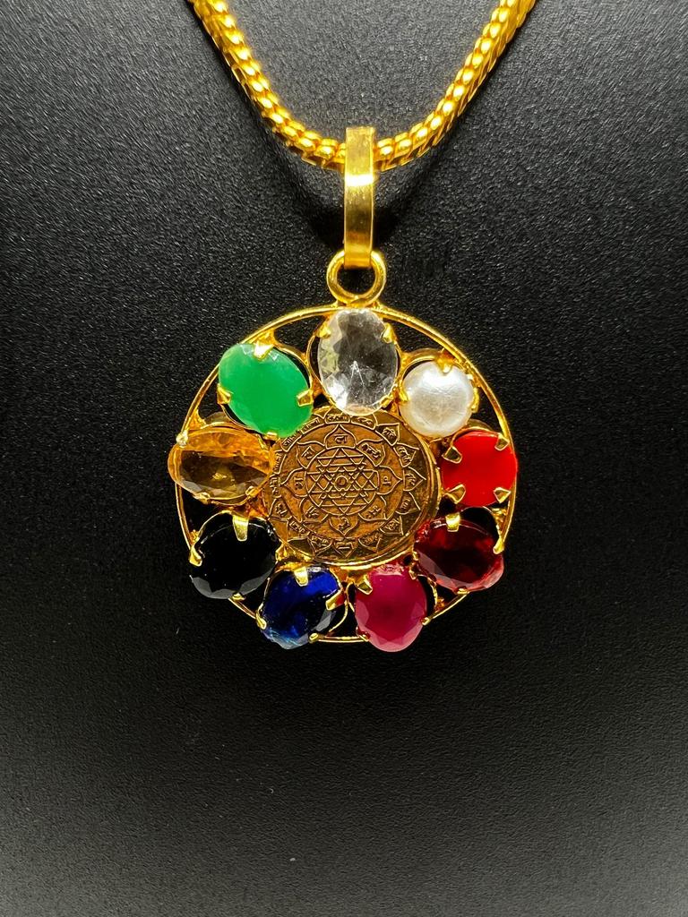 Traditional  Multicolor Nine Gemstone Navratna Pendant, Gemstones and Yantra Symbol, Protective Jewelry, Gift for Men's and Women's