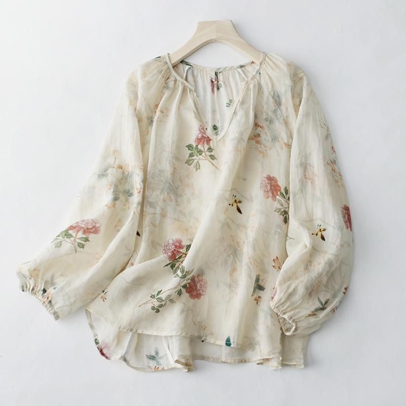 

DIMANAF 2023 Женщины Лето Литературный и художественный V-образный вырез Фрагментированный цветок Элегантный пуловер Кукла Топ Женская Рубашка Женская Рубашка Женская