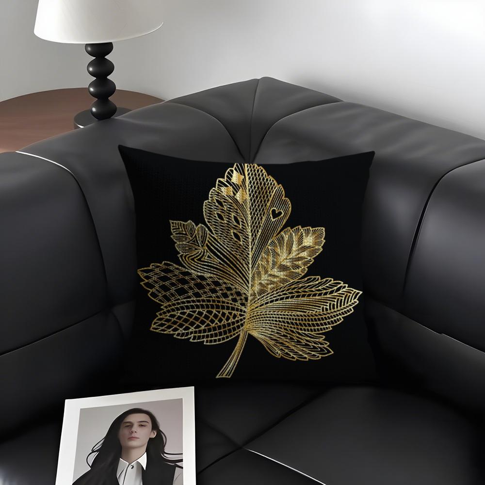 Golden Leaf Branch Pattern Cushion Cover Natural Linen Organic Fabric DoubleSided Printing Sofa Home Decor Gift Pillow Case