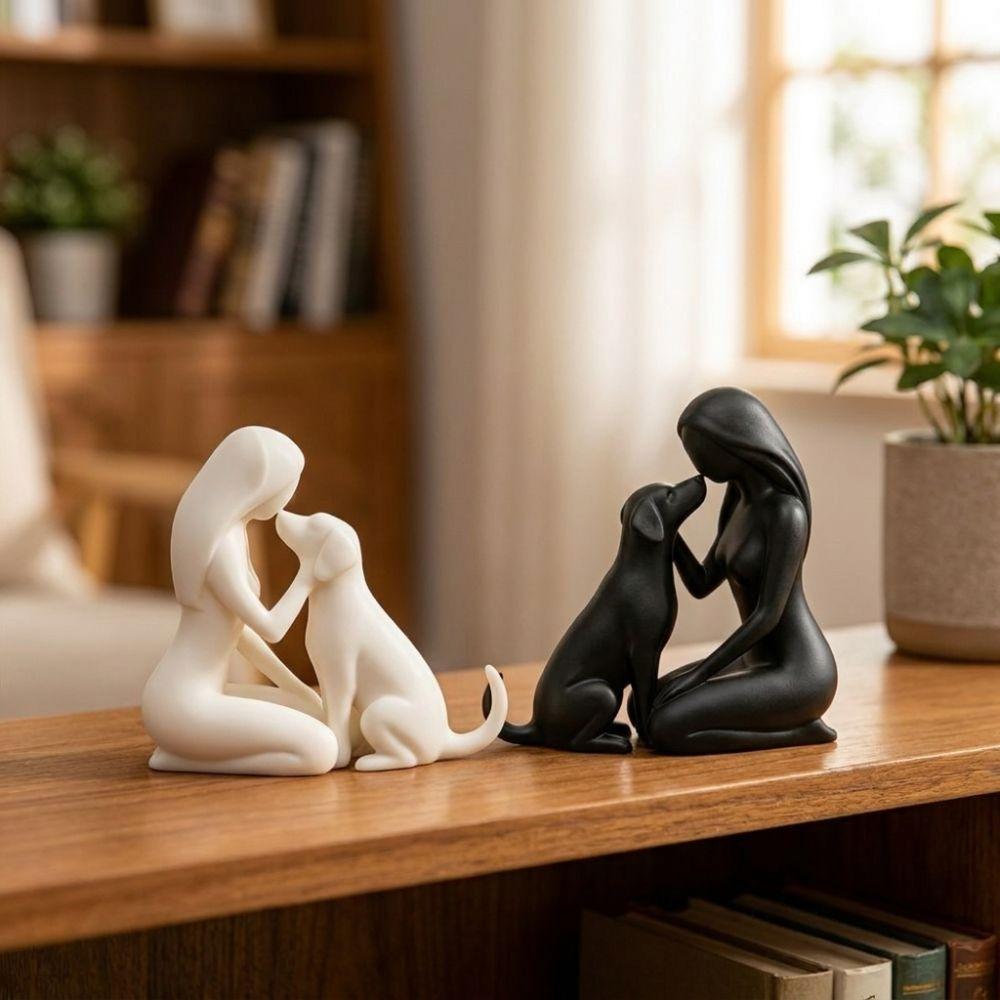 Minimalistische Frau und Hund Freundschaftsskulptur Haustierliebhaber Kunst Schreibtisch Hundestatue Wohnzimmer