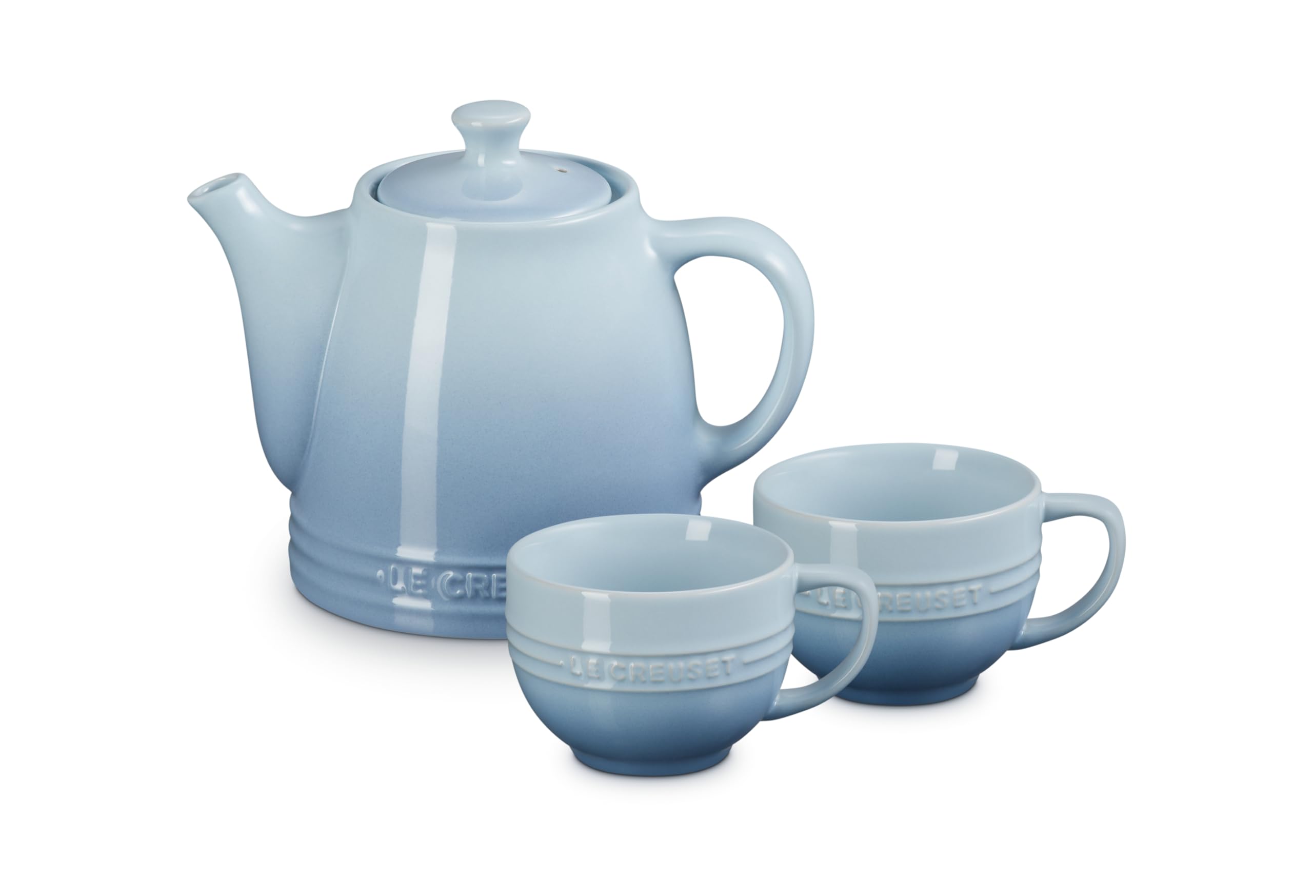 

Le Creuset 3-Piece Teatime Set, Teacup and Teapot, Coastal Blue, Perfect for Weddings, Anniversaries, Bridal Gifts, and Celebrations. Heat, Cold, and