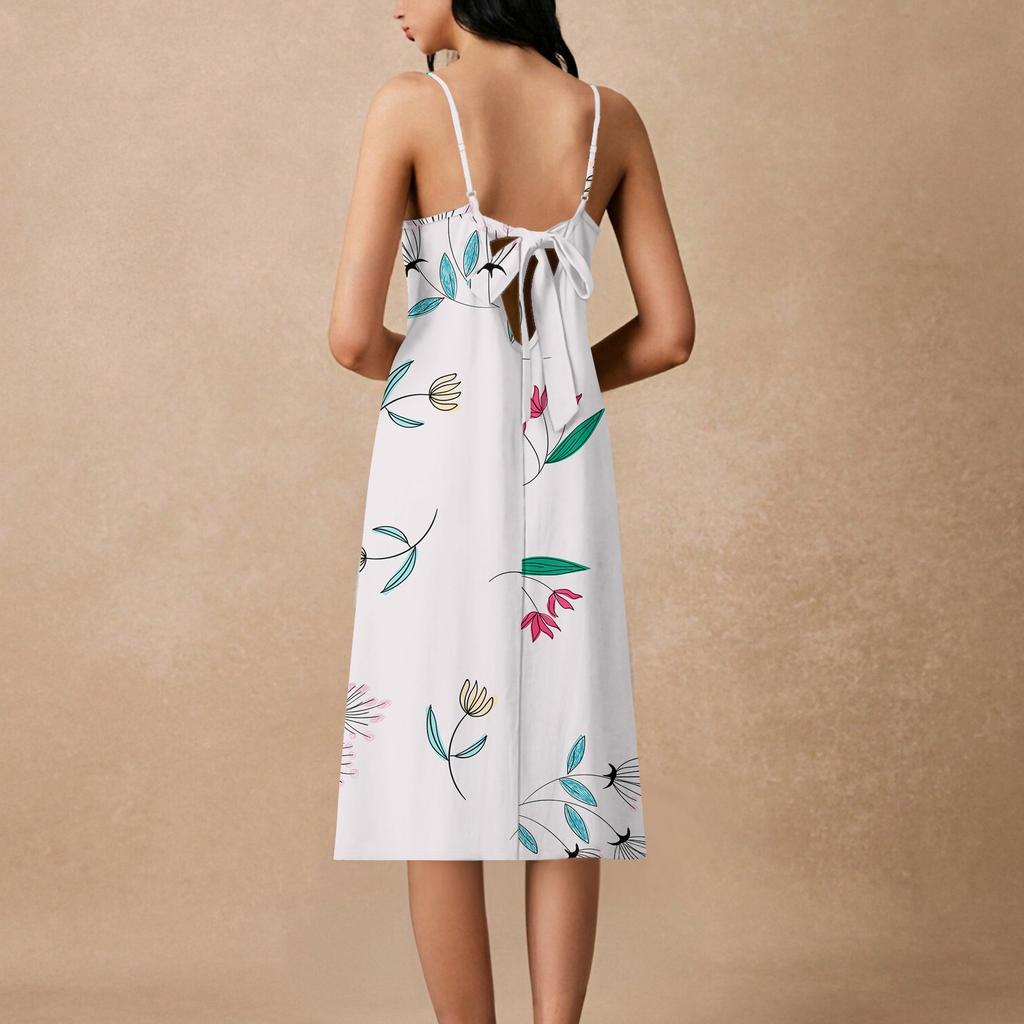 Women's Spaghetti Strap Backless Bow Loose Casual Beach Holiday Dress Sundress