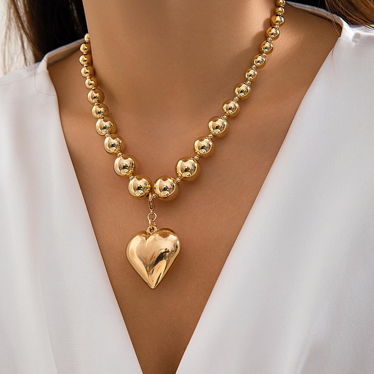 IngeSight.Z Punk Metal CCB Beaded Big Peach Heart Pendant Necklace for Women Vintage Gold Color Beaded Choker Necklace Party