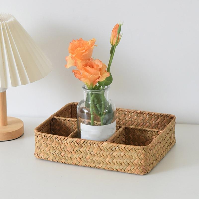 Straw Woven Organized Basket Breathable Compartments For Living Room Office Storage