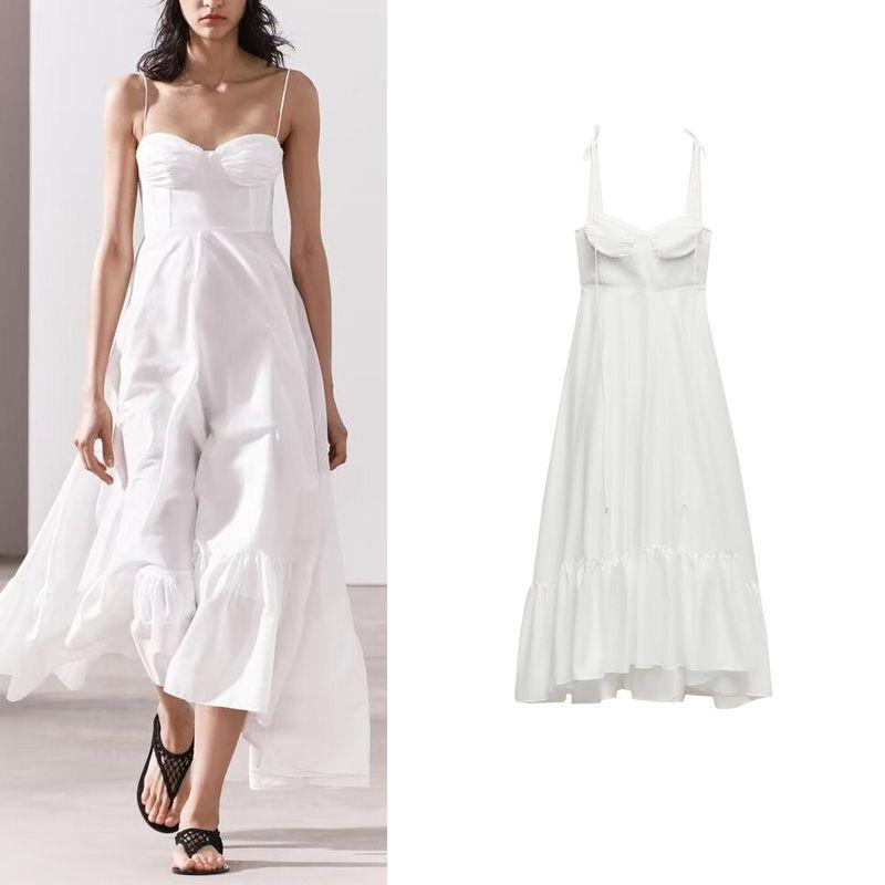 Spring New American Heart-Shaped Collar Bow Thin Sling Laminated Decorative Poplin Dress 2673072