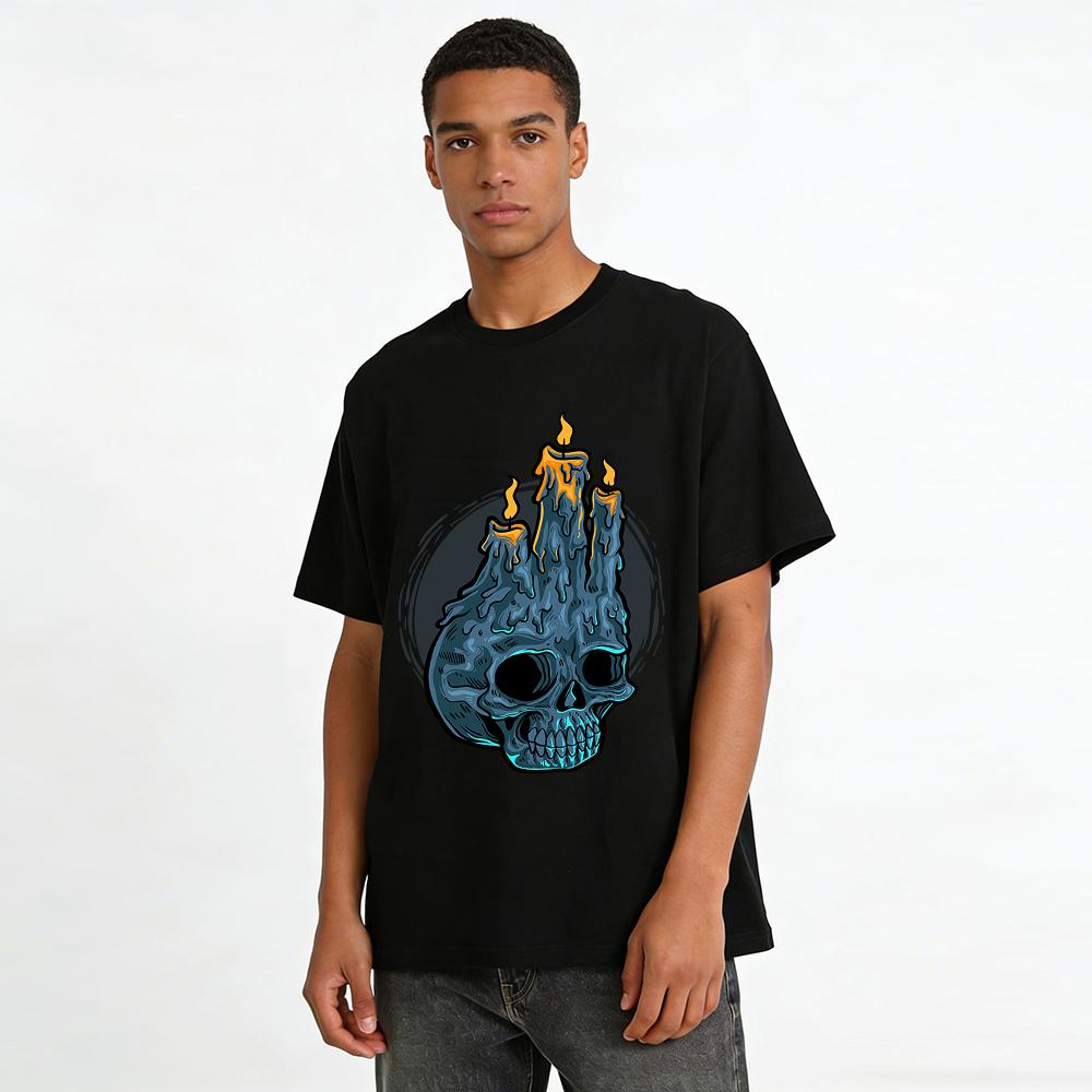 Dark Style Skull Candle Print Trendy Street Casual Crewneck Top Pure cotton T-shirt