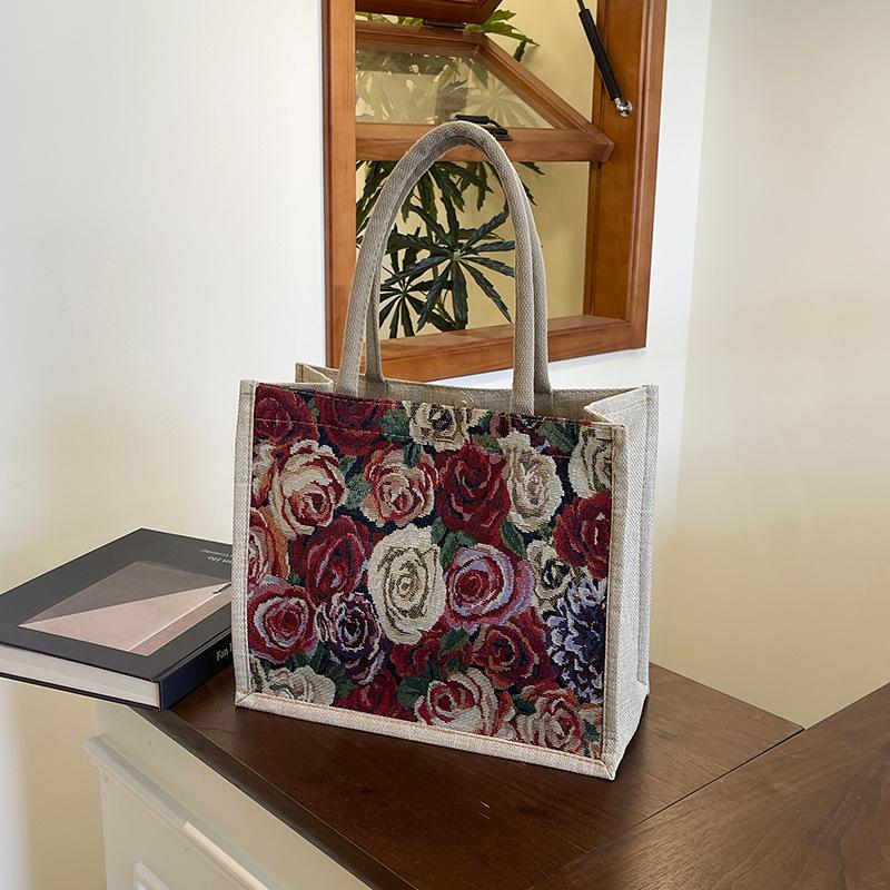 Large capacity linen tote bag 2025 new floral commuter tote bag female student class shoulder handbag