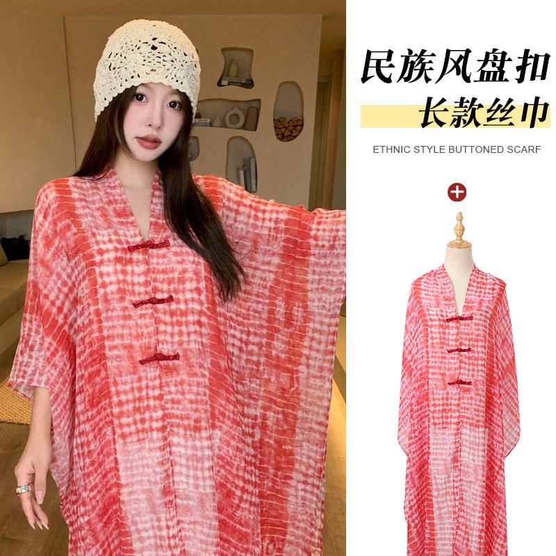 Small fresh white floral silk scarf women's summer travel buckle sunscreen large shawl beach towel thin yarn scarf scarf