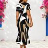 Women Plus Size V Neck Short Sleeve Fitted Striped Printed Fishtail Dress