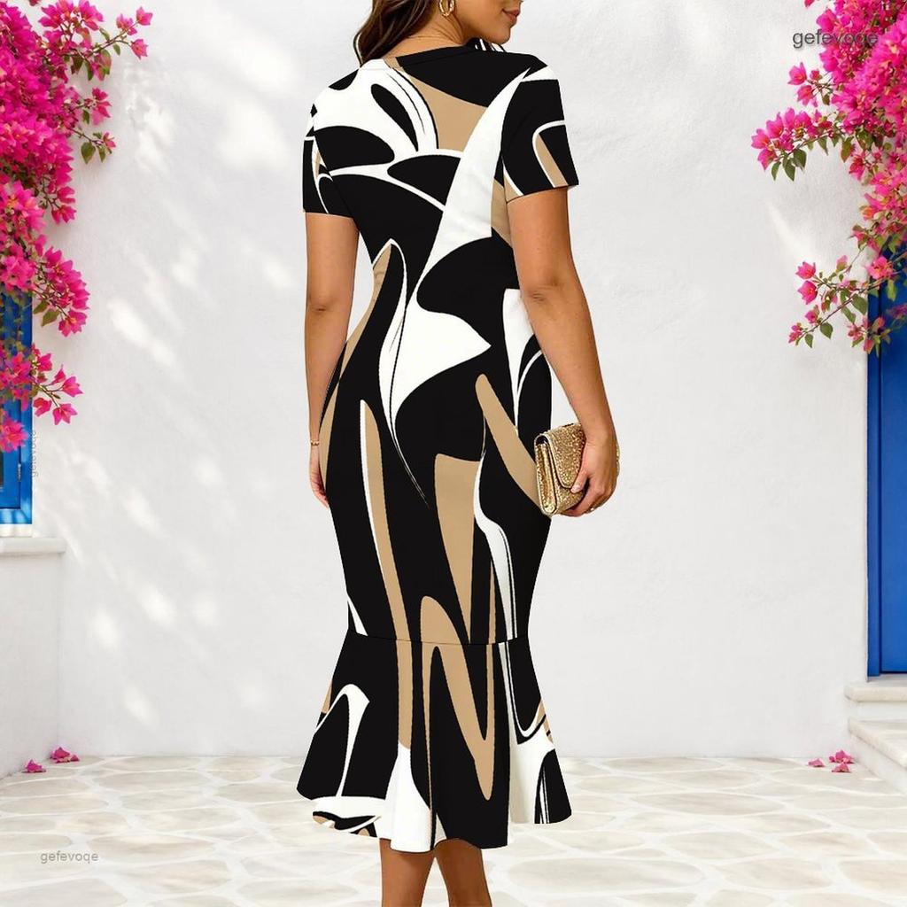 Women Plus Size V Neck Short Sleeve Fitted Striped Printed Fishtail Dress